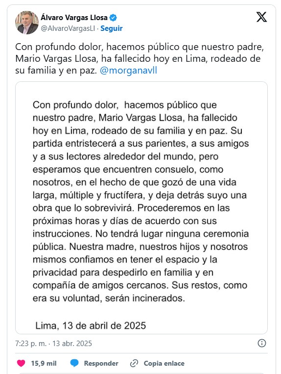 Mario Vargas Llosa murió a los 89 años.