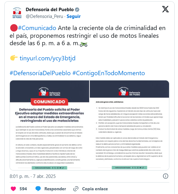 Comunicado de la Defensoría del pueblo