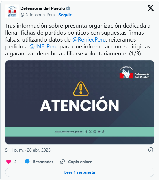 Comunicado de la Defensoría. 