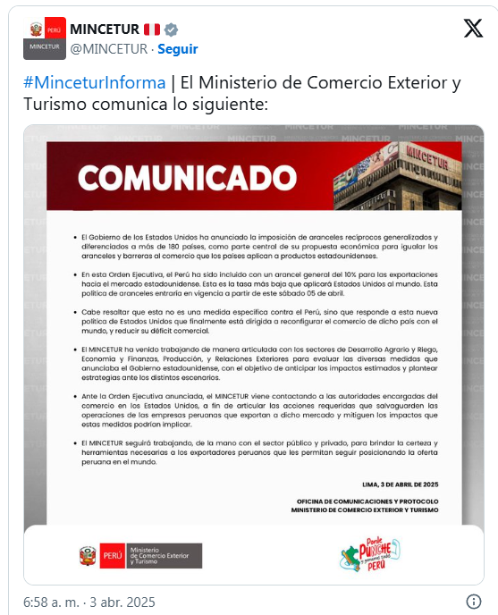 Comunicado del Mincetur.