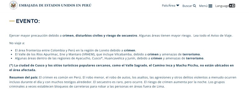 Alerta de Estados Unidos al viajar a Perú.